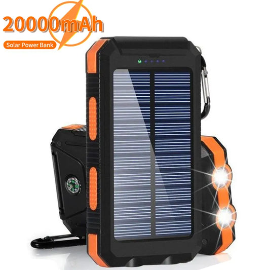 Solar Power Bank Outdoor Portable Charger Waterproof External Battery Dual USB Charging with LED Light