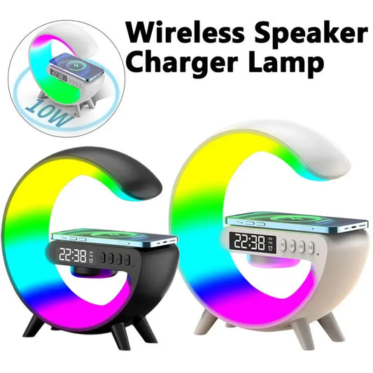"Wireless Charger for iPhone Samsung Xiaomi Huawei with LED Lamp and Alarm Clock Speaker"