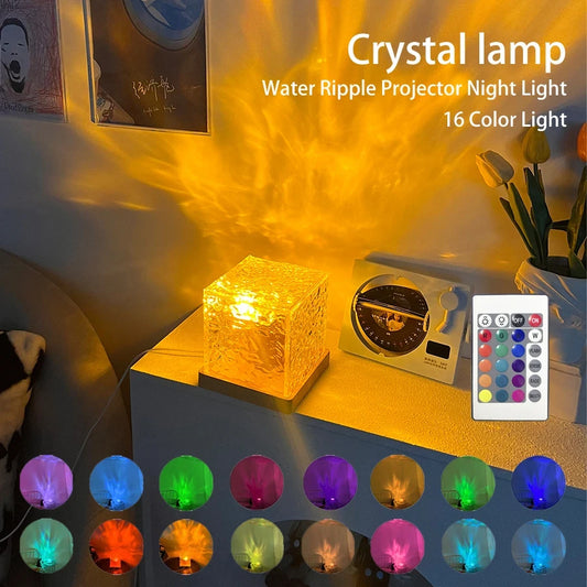 Dynamic Water Ripple Night Light 3/16 Colors Flame Crystal Lamp