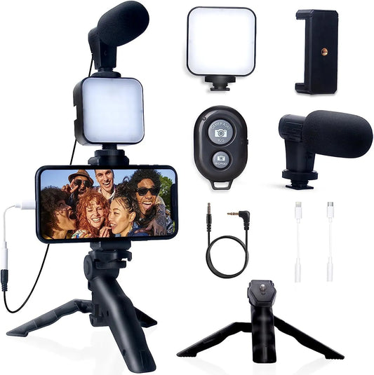 Phone Holder 5 in 1 Vlogging Kit with Lighting Smartphone video kit Microphone LED Salfi Tripod